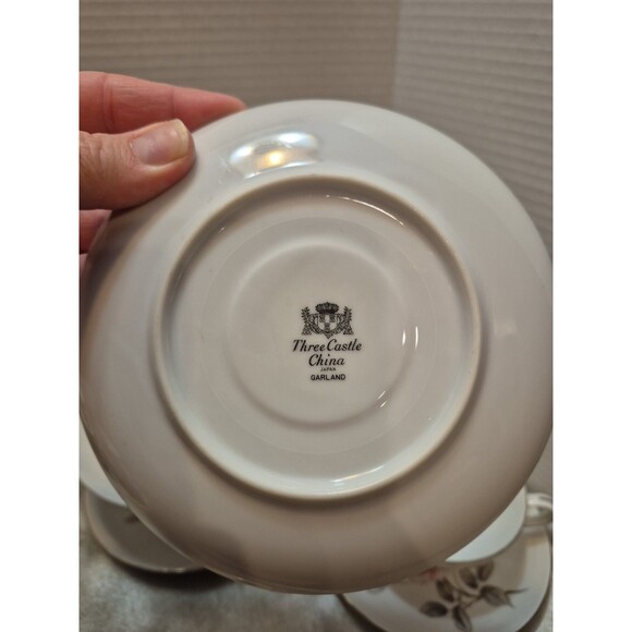 Three Castle China Garland Set Of 4 Teacups And Saucers Pink Roses - Picture 11 of 14